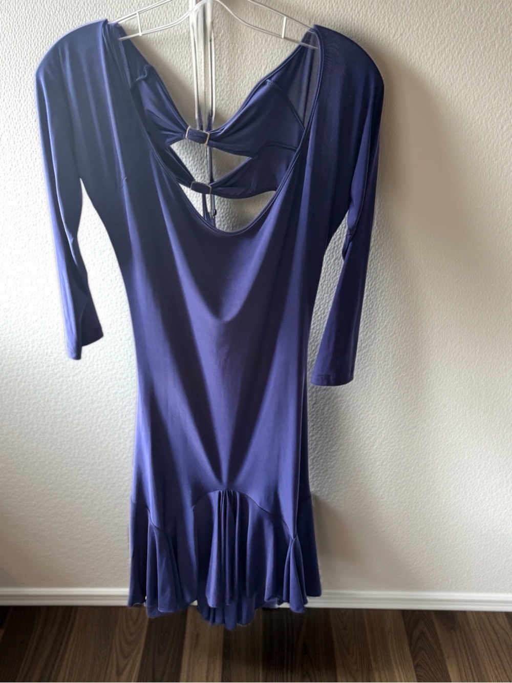 Elegant Blue 3/4-Sleeve Back-Detail Dress - dance competition dress